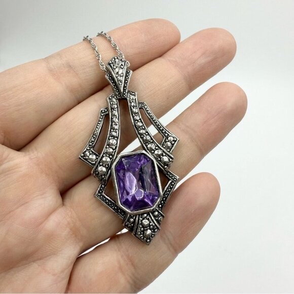 Vtg Avon 1994 Art Deco Necklace Faux Amethyst Marcasite Pendant in SilverTone - Picture 1 of 9